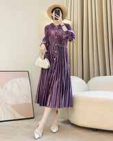 Luxury Pleated Lantern Sleeve Midi Dress – Designer Women’s Dress